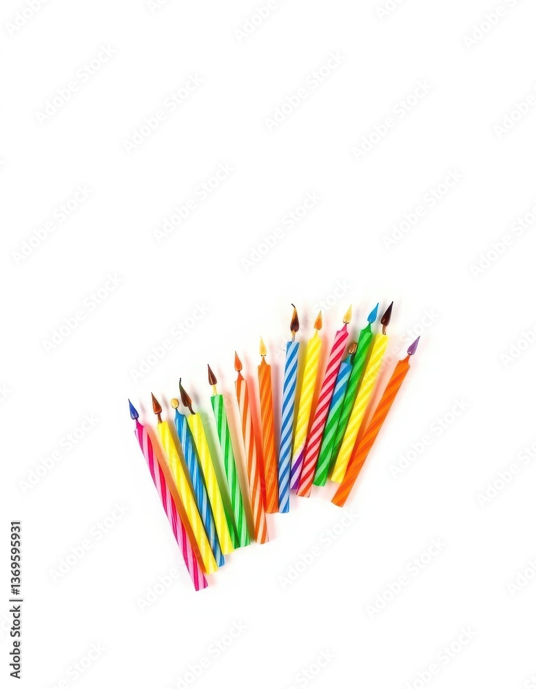 A cluster of colorful birthday candles on a pristine white background, studio shot, texture A cluster of colorful birthday candles on a pristine white background, studio shot, texture