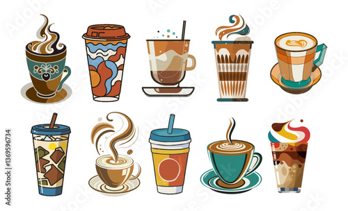 Set of different coffee, tea cups, mugs. Cappuccino, espresso, americano, takeaway disposable coffee cups. Abstract stylized vector illustrations in retro mid century modern style isolated