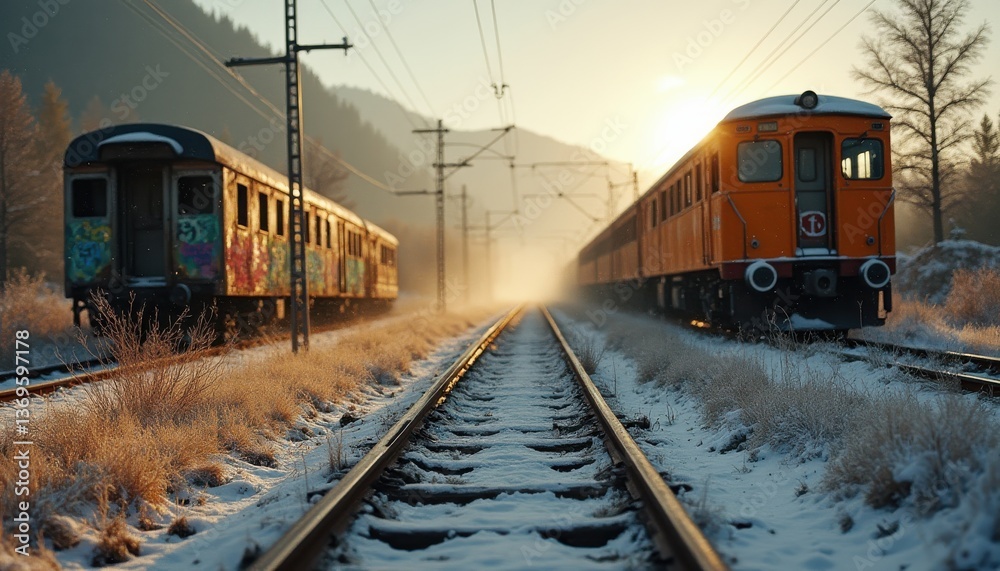 Obraz premium Atmospheric Railroad Scene: Two Distinct Trains on Snowy Tracks, Evoking a Sense of Abandonment and the Passage of Time