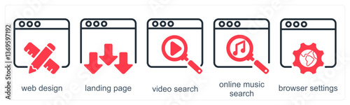 A set of 5 business icons as web design, landing page, video search