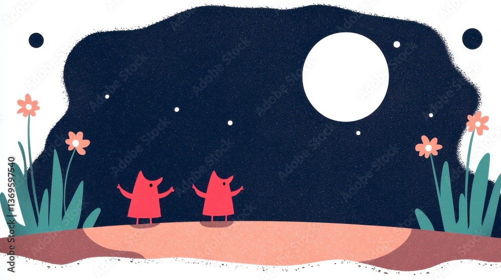 Obraz premium Two Red Figures Dancing Under a Bright Moon at Night