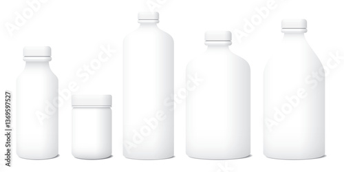 3D blank white plastic bottle packaging mock up isolated template graphic illustration.