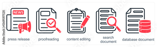 A set of 5 business icons as press release, proofreading, content editing