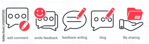 A set of 5 business icons as edit comment, smile feedback, feedback writing