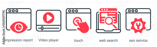 A set of 5 business icons as impression report, video player, touch