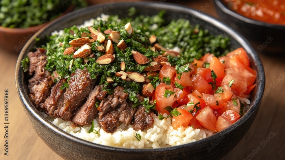 Bowl with meat, rice, kale, tomatoes, almonds. Bowl with meat, rice, kale, tomatoes, almonds.
