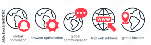 A set of 5 business icons as global notification, browser optimization, global communication