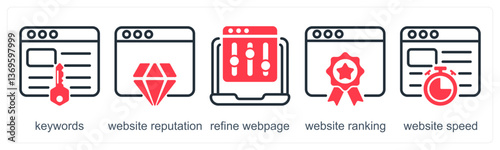 A set of 5 business icons as keywords, website reputation, refine webpage
