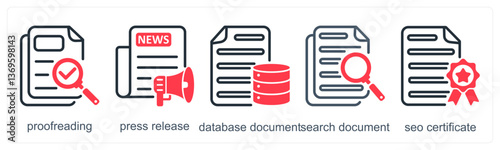 A set of 5 business icons as proofreading, press release, database document