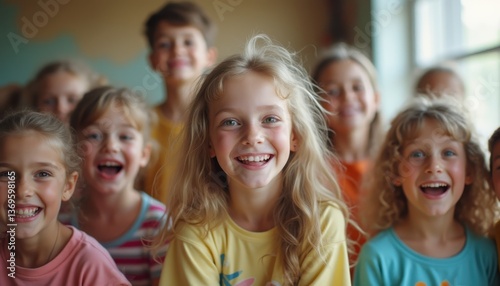 Joyful children laughing together in a classroom setting, showcasing childhood happiness, friendship, and vibrant energy