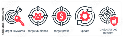 A set of 5 business icons as target keywords, target audience, target profit