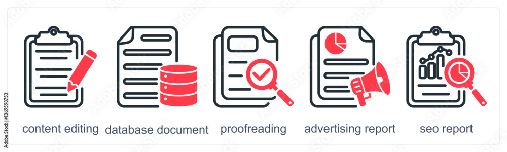 Fototapeta premium A set of 5 business icons as content editing, database document, proofreading
