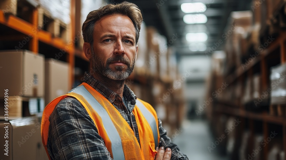 Warehouse workers wearing high visibility vests confidently stand in front of blurry industrial shelves filled with boxes and equipment, showcasing realistic textures and natural light. Warehouse workers wearing high visibility vests confidently stand in front of blurry industrial shelves filled with boxes and equipment, showcasing realistic textures and natural light.