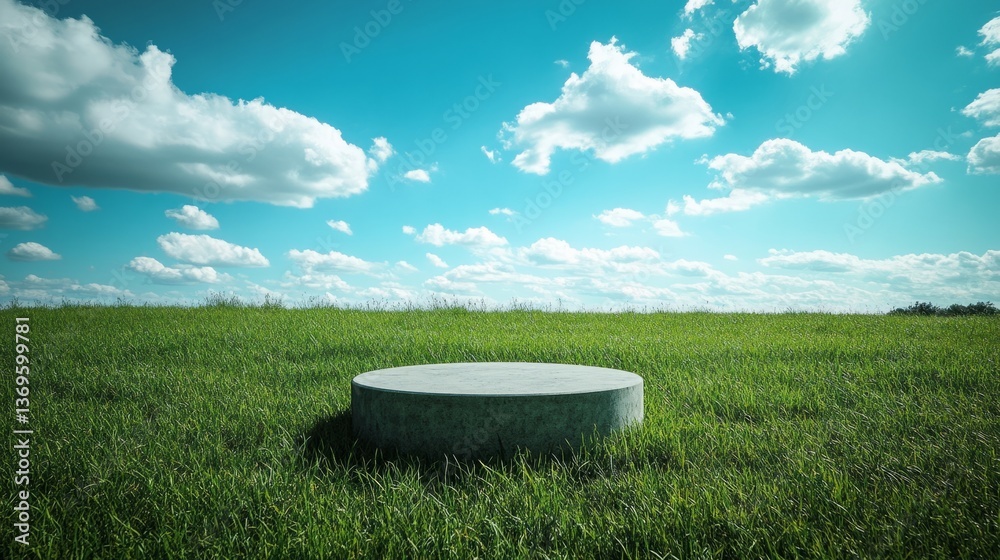 Wide outdoor shot of an empty grass podium in a grassy field, blue sky above and distant trees Wide outdoor shot of an empty grass podium in a grassy field, blue sky above and distant trees