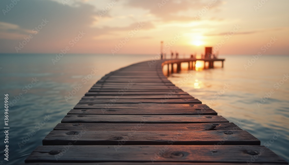 Obraz premium Tranquil Ocean Sunset Scene with Long Pier Extending into Calm Water