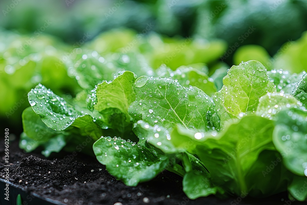 Close up of wet green leafy vegetables growing in soil Close up of wet green leafy vegetables growing in soil