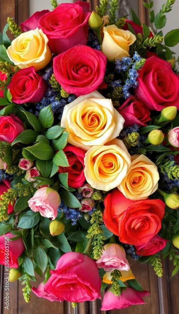 Naklejka premium Rustic bouquet overflowing with vibrant roses and lush greenery, nature, wildflowers