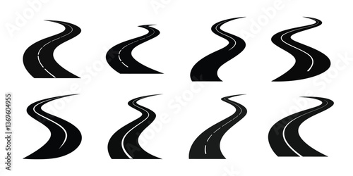 ​Curved Road Silhouette Vector Icons Set – Winding Highway and Street Path Symbols​
