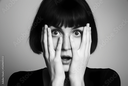 portrait of a young woman, surprise, Panic disorder, B&W studio shoot. Psychology, solitude, fear or mental health problems concept. Depressed sad person, 3d illustration
