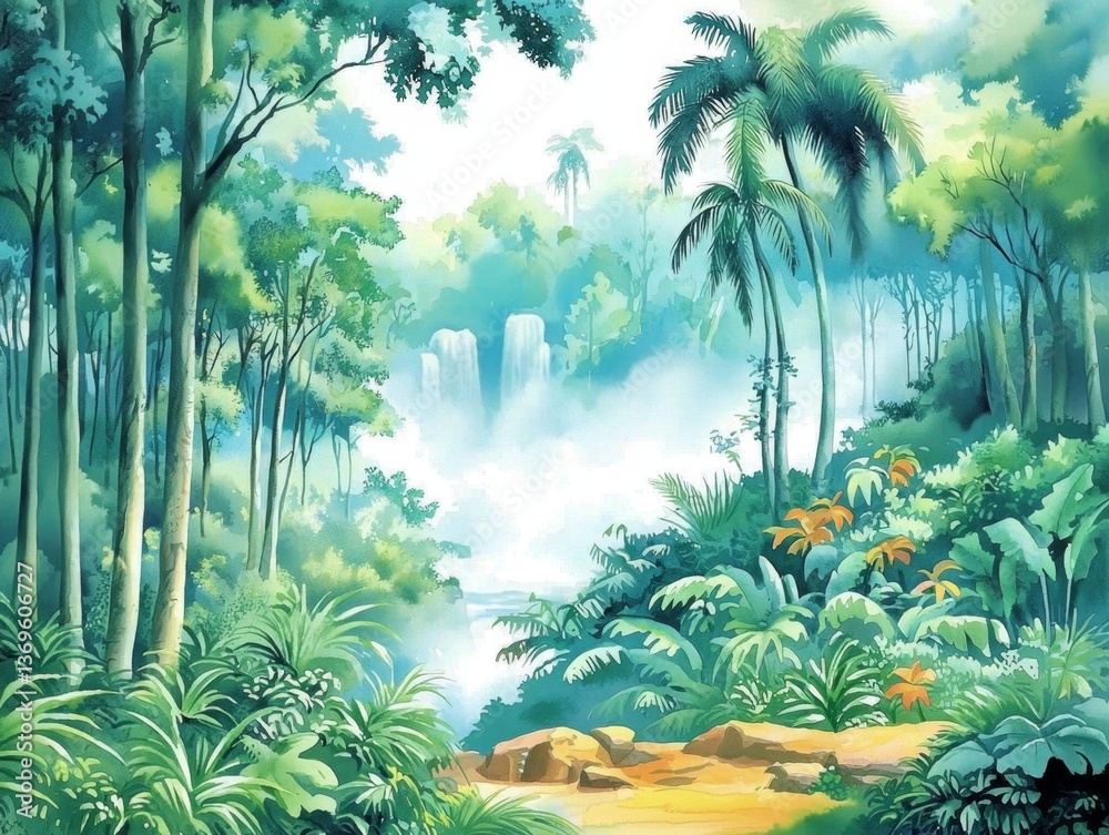 Naklejka premium Serene Jungle Landscape Watercolor for Background Aesthetics