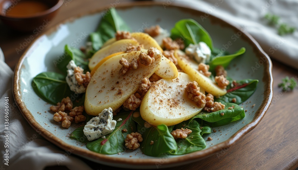 Pear and Blue Cheese Salad on a Ceramic Plate with Natural Light Pear and Blue Cheese Salad on a Ceramic Plate with Natural Light