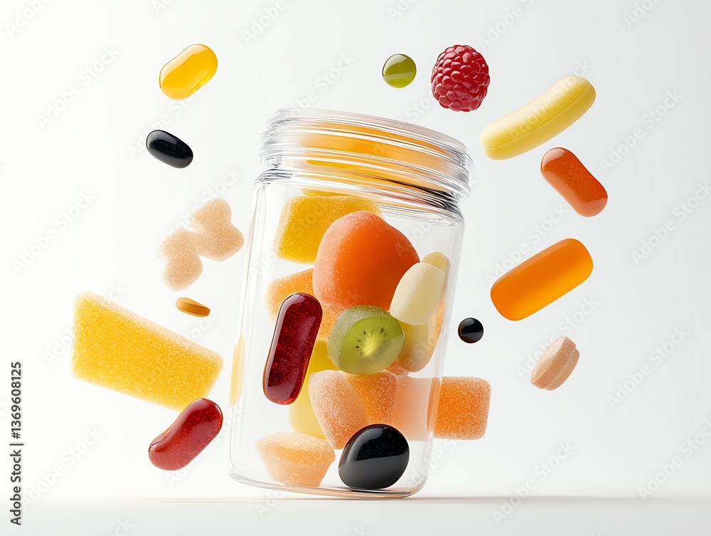 A dynamic arrangement of gummy vitamins in different fruity shapes