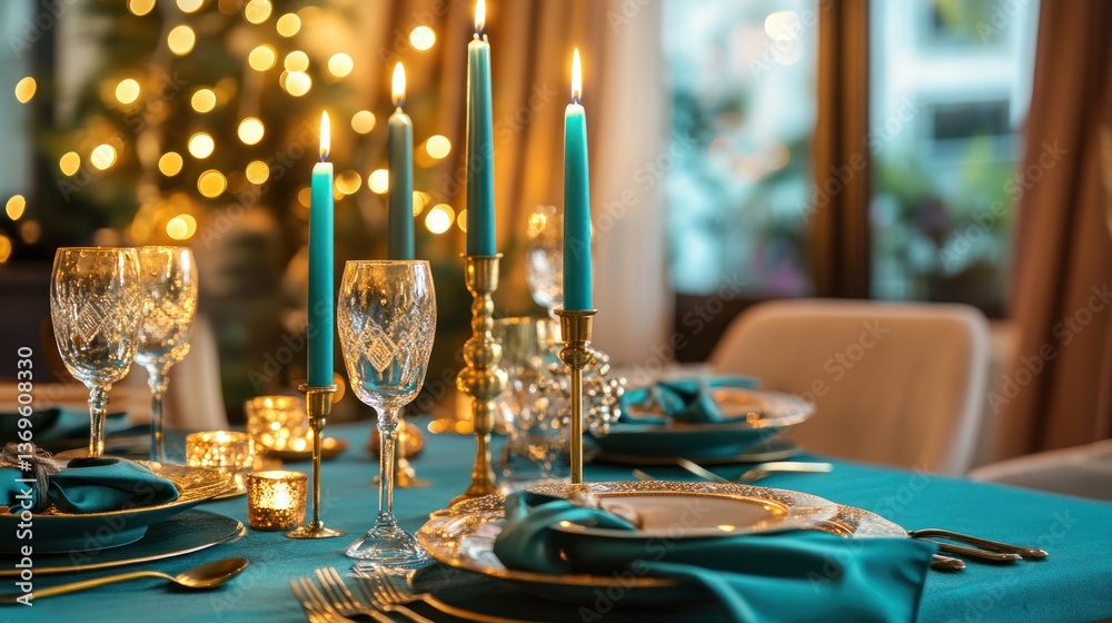Elegant Teal Christmas Dinner Table Setting with Candles Elegant Teal Christmas Dinner Table Setting with Candles