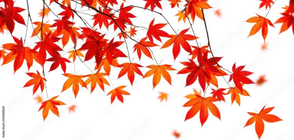 Vibrant red and orange maple leaves falling against a pure white background, foliage, photography, picture