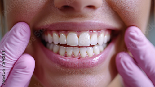 A dental professional holding a before and after photo of a successful teeth whitening treatment