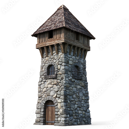 Medieval Stone Watchtower with Wooden Roof on a Transparent Background