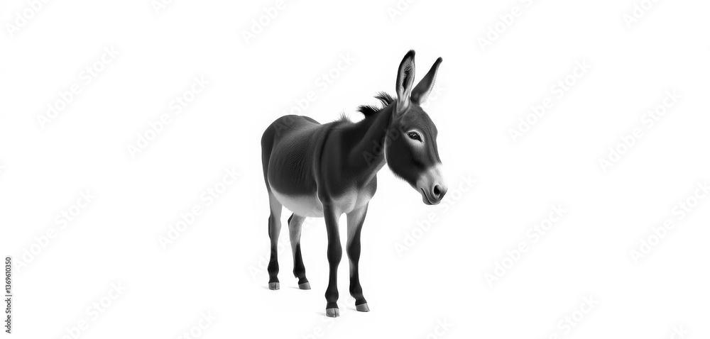 Fototapeta premium A lone donkey stands against a pure white backdrop, alone, farm animal, nature