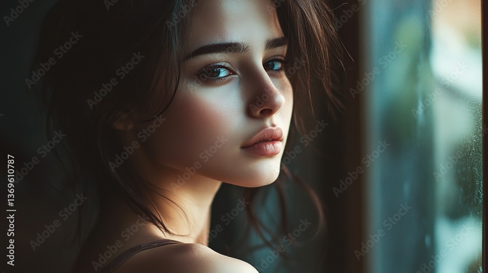 Naklejka premium Elegant Woman Standing by Window with Soft Natural Light