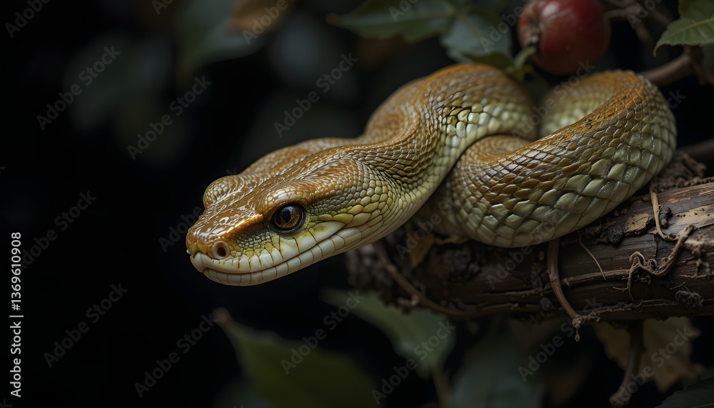 Obraz premium Serpent Coiled on a Tree Branch Near Forbidden Fruit – Symbol of Temptation