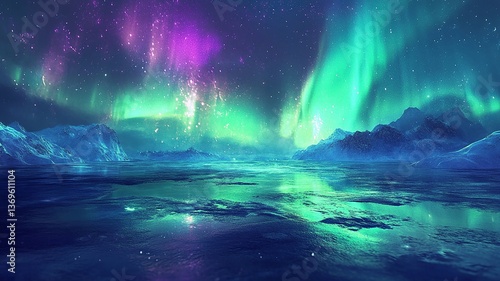 Aurora Borealis glowing in the cosmic night sky over a vast ocean with stars and planets