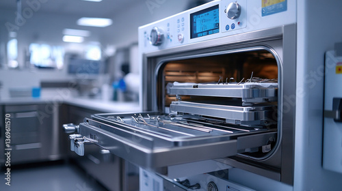 A modern autoclave sterilizer with dentist tools inside, ensuring hygienic dental procedures