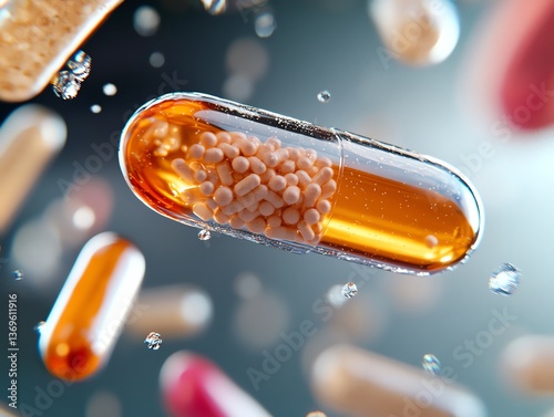 A macro render of tiny vitamin granules inside a capsule