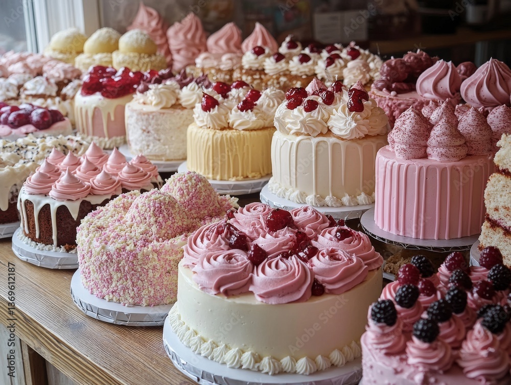 An array of delicious cakes with different flavors and toppings, all displayed together, showcases sweet temptation and artistry in a bakery setting, enticing customers with a sugary delight. An array of delicious cakes with different flavors and toppings, all displayed together, showcases sweet temptation and artistry in a bakery setting, enticing customers with a sugary delight.
