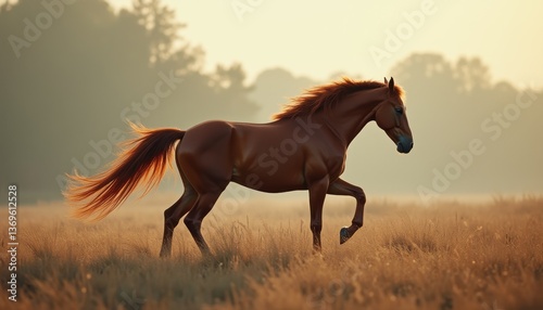 Chestnut Horse Galloping Freely in Golden Meadow at Sunrise - Majestic Equine Beauty in Warm, Atmospheric Light