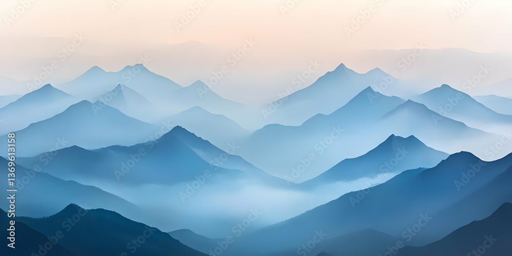 Fototapeta premium Serene mountain landscape with layered blue hues and soft mist at dawn.