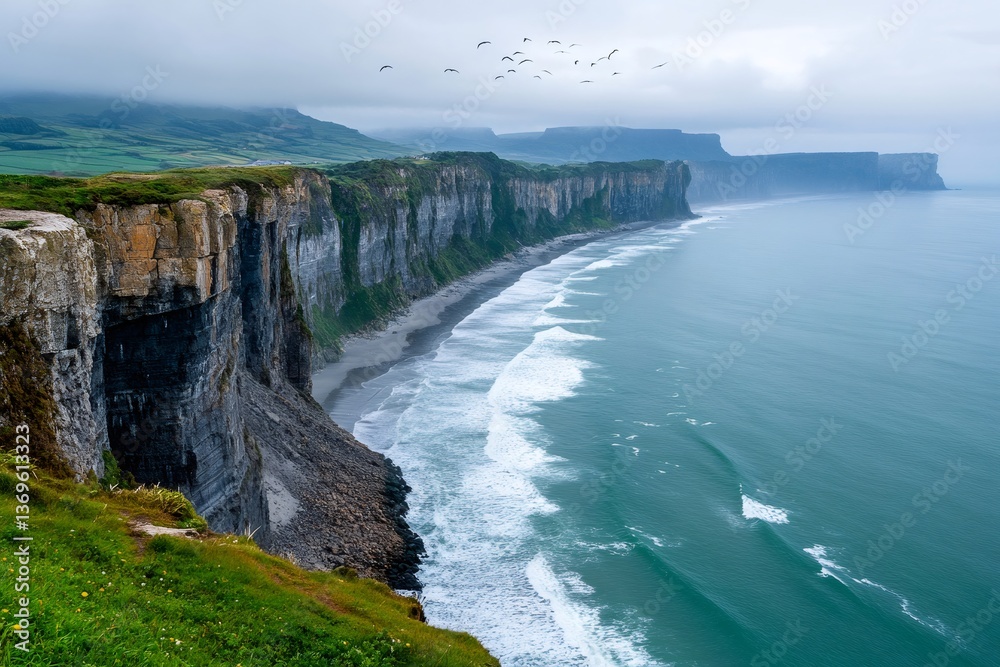 Obraz premium Cliffs of Moher rising above the ocean with birds flying over on a cloudy day