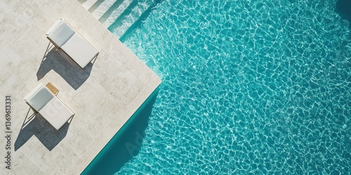Two sunbeds beside swimming pool with clear water on sunny day