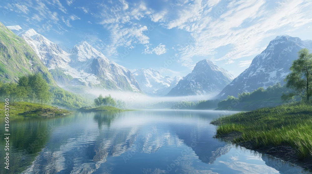 Tranquil Mountain Lake: A serene landscape of a calm lake reflecting snow-capped mountains under a bright sky with fluffy clouds, inviting viewers to explore its beauty. Tranquil Mountain Lake: A serene landscape of a calm lake reflecting snow-capped mountains under a bright sky with fluffy clouds, inviting viewers to explore its beauty.