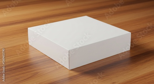 Clean white square box sits elegantly on warm wood surface bathed in soft light. AI Generated