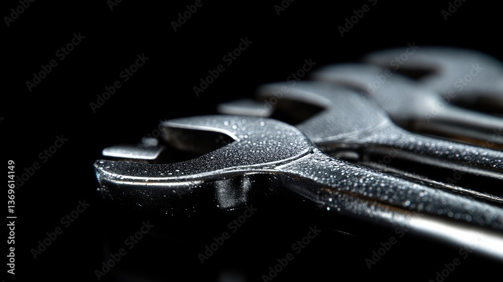Close-up of several metal adjustable wrenches. Water droplets on the metal surface Close-up of several metal adjustable wrenches. Water droplets on the metal surface
