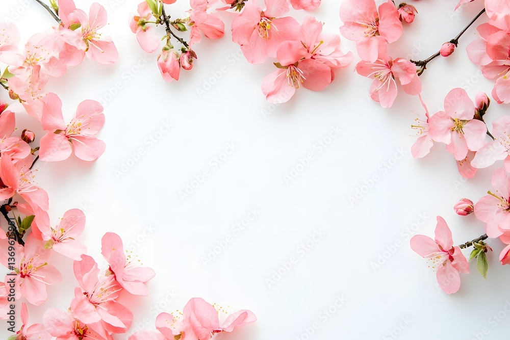 Fototapeta premium Beautiful pink flowers on a white background, top view, flat lay, empty space for text. Stock photo contest winner, high resolution, stock photography, flat lay, Generative AI