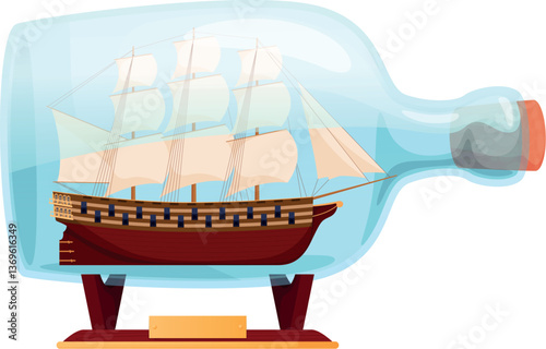 A glass bottle containing an elaborate model of a ship, set on a wooden stand for decorative display.
