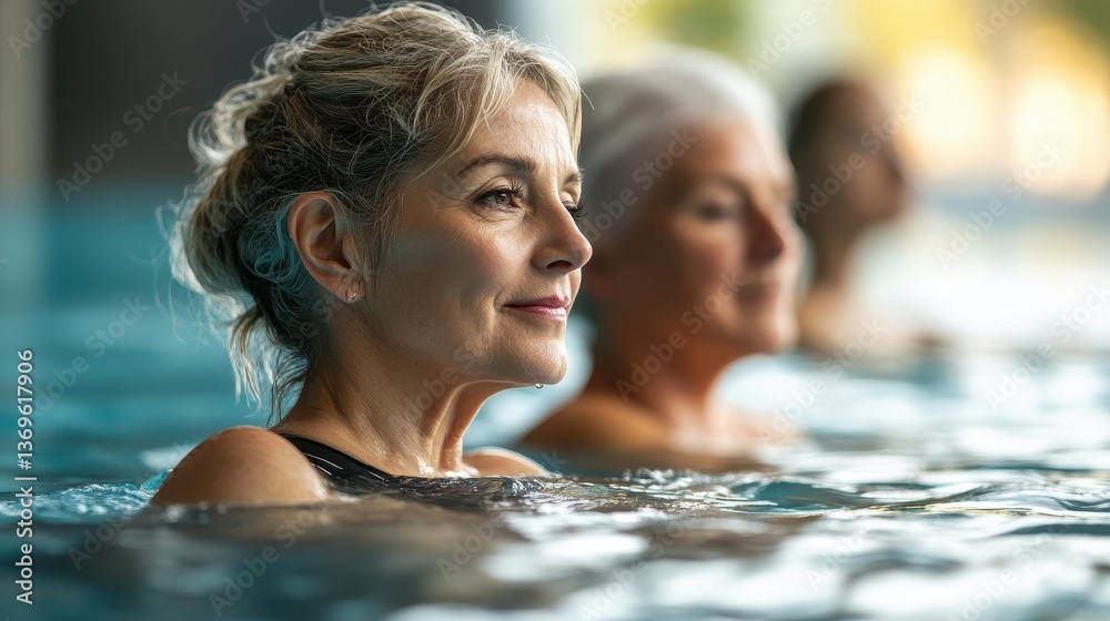 Obraz premium Mature women enjoy water aerobics at an indoor swimming pool together. It shows a healthy lifestyle and relaxation for senior citizens.