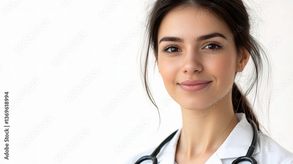 Close-Up of Female Doctor Wearing Stethoscope with Friendly Smile Close-Up of Female Doctor Wearing Stethoscope with Friendly Smile