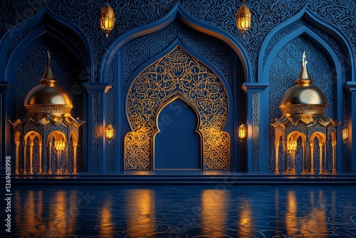 Blue ornate palace interior, golden arches, nighttime