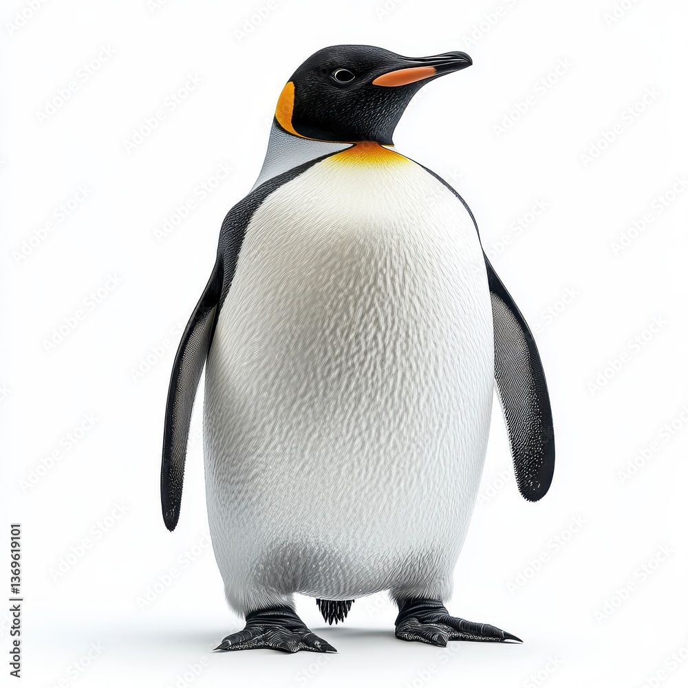 Obraz premium Full Body Isolated Penguin on White Background with Detailed Plumage and Distinctive Yellow Marking around Neck Standing in a Well Lit Studio